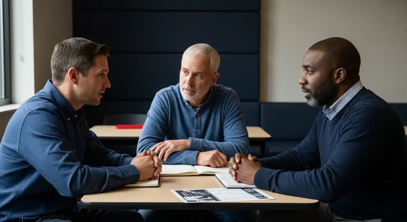 Three men in discussion showing active listening during a policy-focused conversation