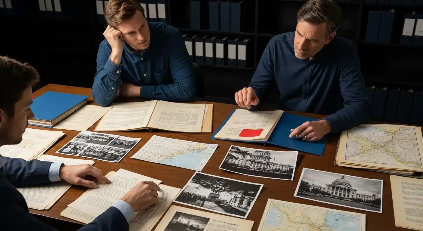 Three men reviewing documents and historical photos illustrating political polarization and key turning points in history